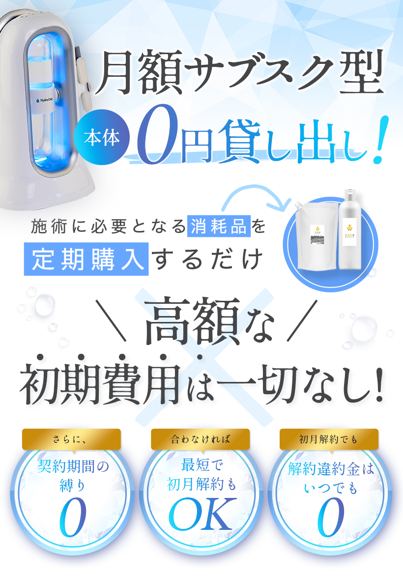 ハイドラワンの導入方法は、月額サブスク型！本体は0円貸し出し施術に必要となる消耗品（美容液画像入れ込む）を定期購入するだけ